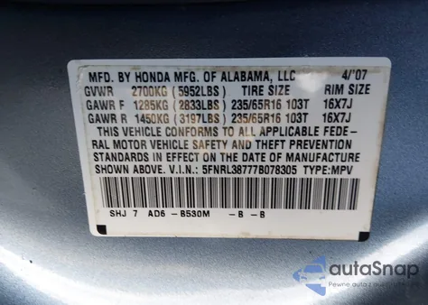 2007 Honda Odyssey Ex-L from USA, damaged, VIN 5FNRL38777B078305